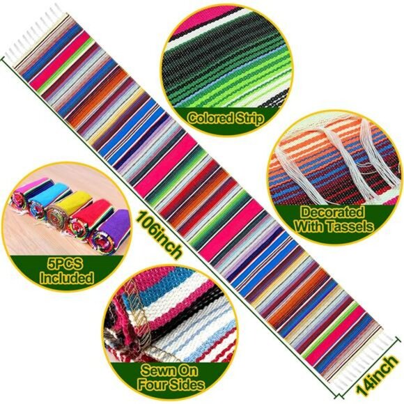 Mexican table runners set of 5 serape striped fiesta party decor taco tuesday 10 - Picture 3 of 7